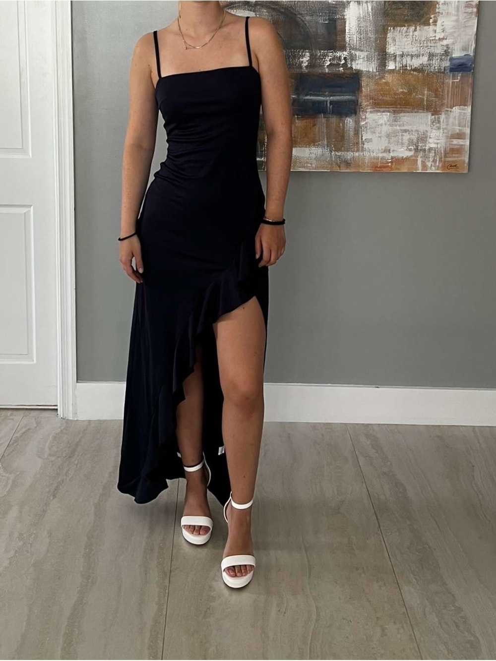 Blue Slit Maxi Dress with Spaghetti Straps